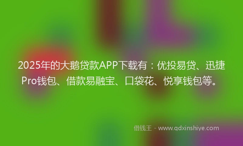 2025年的大鹅贷款APP下载有：优投易贷、迅捷Pro钱包、借款易融宝、口袋花、悦享钱包等。