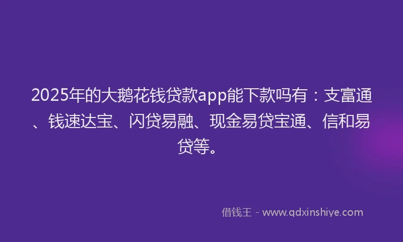 2025年的大鹅花钱贷款app能下款吗有：支富通、钱速达宝、闪贷易融、现金易贷宝通、信和易贷等。