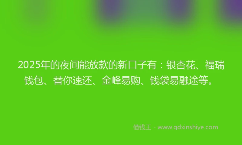 2025年的夜间能放款的新口子有：银杏花、福瑞钱包、替你速还、金峰易购、钱袋易融途等。