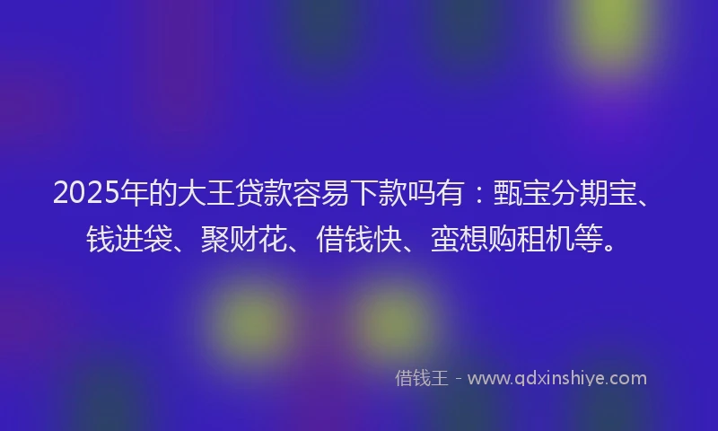 2025年的大王贷款容易下款吗有：甄宝分期宝、钱进袋、聚财花、借钱快、蛮想购租机等。
