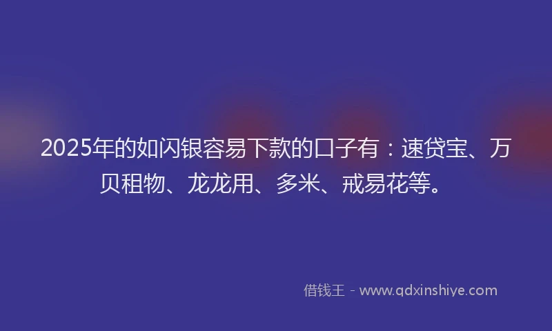 2025年的如闪银容易下款的口子有：速贷宝、万贝租物、龙龙用、多米、戒易花等。