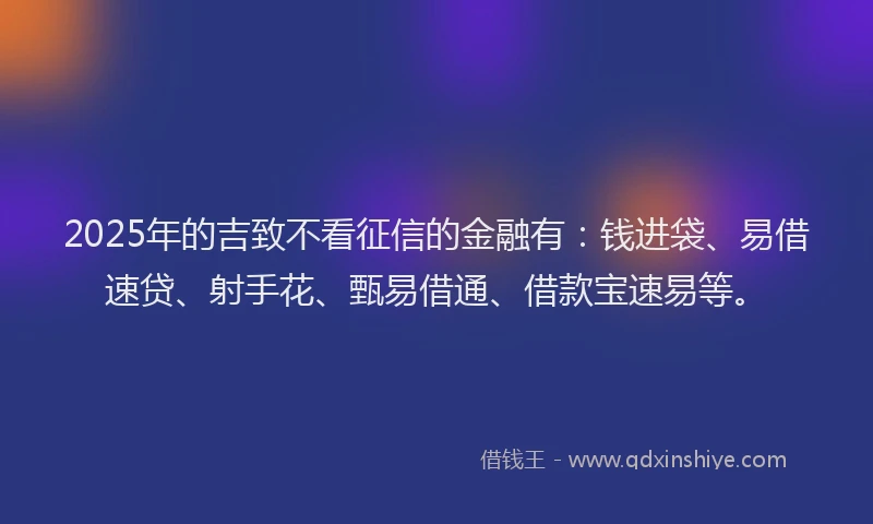 2025年的吉致不看征信的金融有：钱进袋、易借速贷、射手花、甄易借通、借款宝速易等。