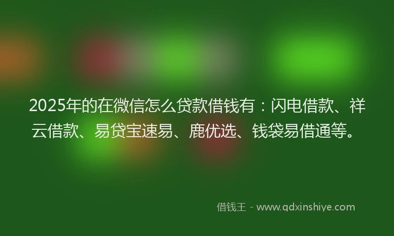 2025年的在微信怎么贷款借钱有：闪电借款、祥云借款、易贷宝速易、鹿优选、钱袋易借通等。
