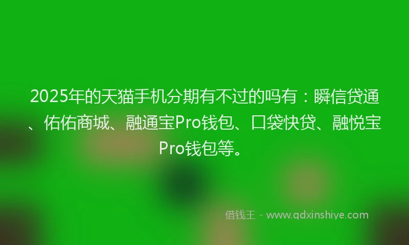 2025年的天猫手机分期有不过的吗有：瞬信贷通、佑佑商城、融通宝Pro钱包、口袋快贷、融悦宝Pro钱包等。