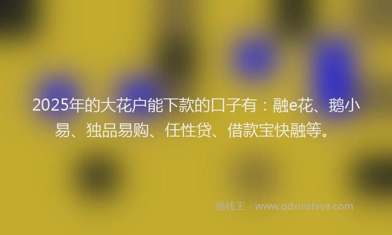2025年的大花户能下款的口子有：融e花、鹅小易、独品易购、任性贷、借款宝快融等。