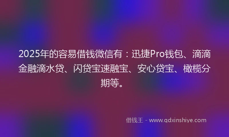 2025年的容易借钱微信有：迅捷Pro钱包、滴滴金融滴水贷、闪贷宝速融宝、安心贷宝、橄榄分期等。