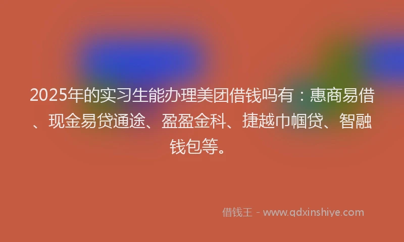 2025年的实习生能办理美团借钱吗有：惠商易借、现金易贷通途、盈盈金科、捷越巾帼贷、智融钱包等。
