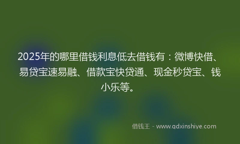 2025年的哪里借钱利息低去借钱有：微博快借、易贷宝速易融、借款宝快贷通、现金秒贷宝、钱小乐等。
