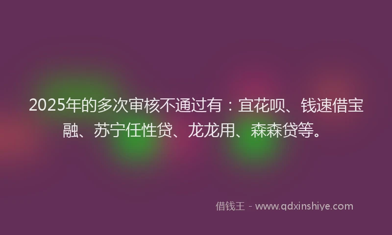 2025年的多次审核不通过有：宜花呗、钱速借宝融、苏宁任性贷、龙龙用、森森贷等。