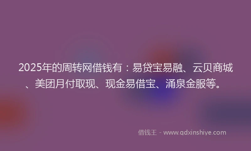 2025年的周转网借钱有：易贷宝易融、云贝商城、美团月付取现、现金易借宝、涌泉金服等。