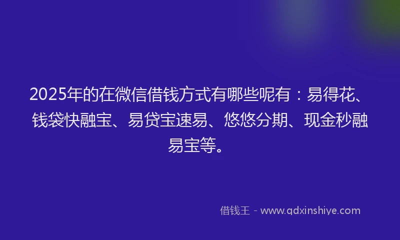 2025年的在微信借钱方式有哪些呢有：易得花、钱袋快融宝、易贷宝速易、悠悠分期、现金秒融易宝等。
