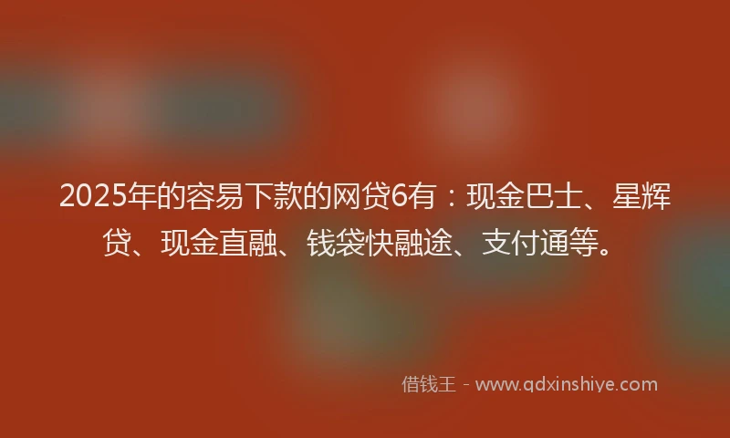 2025年的容易下款的网贷6有：现金巴士、星辉贷、现金直融、钱袋快融途、支付通等。