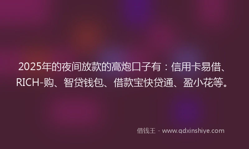 2025年的夜间放款的高炮口子有：信用卡易借、RICH-购、智贷钱包、借款宝快贷通、盈小花等。