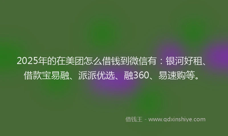 2025年的在美团怎么借钱到微信有：银河好租、借款宝易融、派派优选、融360、易速购等。