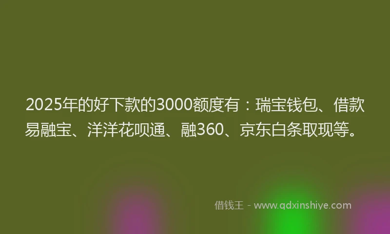 2025年的好下款的3000额度有：瑞宝钱包、借款易融宝、洋洋花呗通、融360、京东白条取现等。