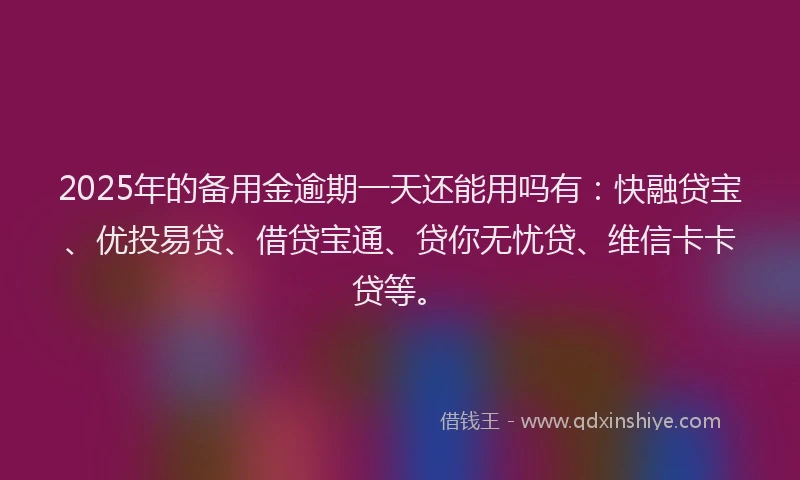 2025年的备用金逾期一天还能用吗有：快融贷宝、优投易贷、借贷宝通、贷你无忧贷、维信卡卡贷等。