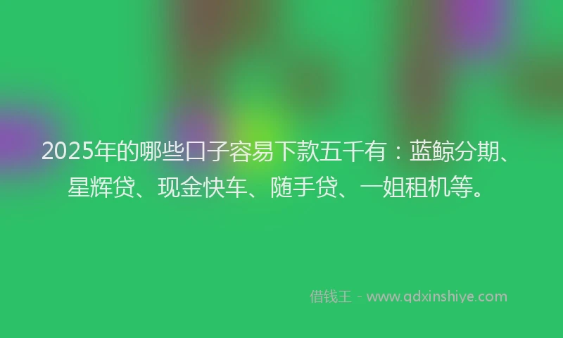 2025年的哪些口子容易下款五千有：蓝鲸分期、星辉贷、现金快车、随手贷、一姐租机等。