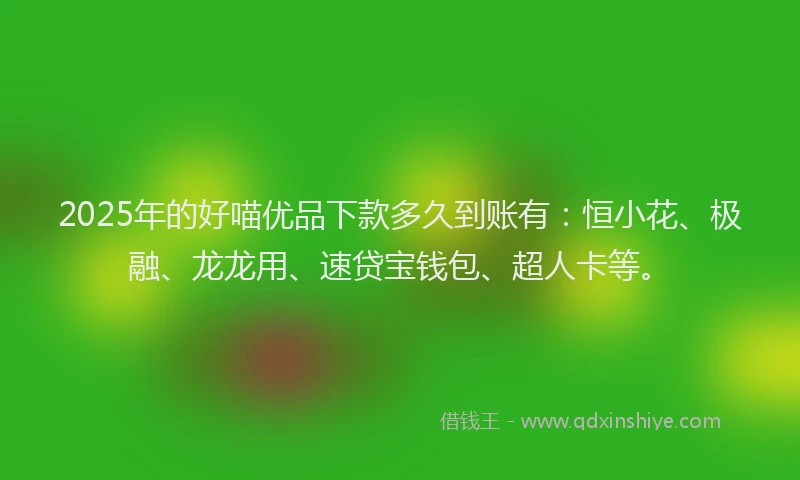2025年的好喵优品下款多久到账有：恒小花、极融、龙龙用、速贷宝钱包、超人卡等。