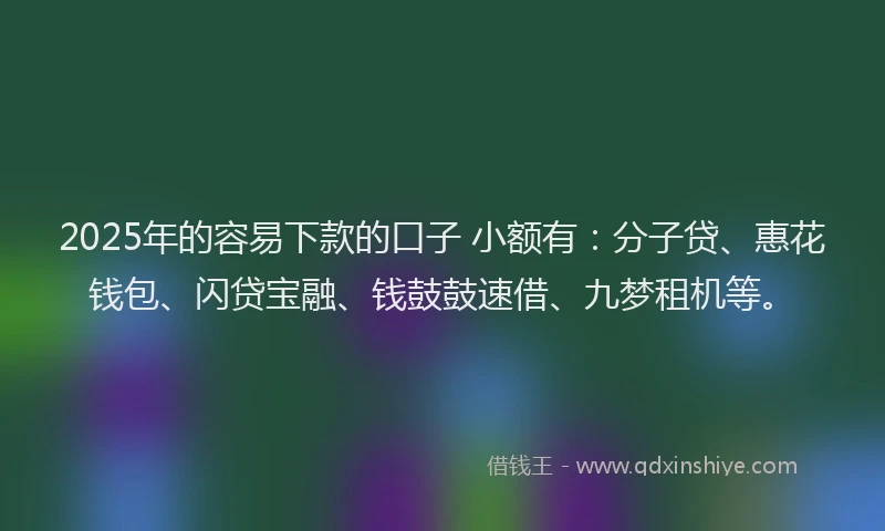 2025年的容易下款的口子 小额有：分子贷、惠花钱包、闪贷宝融、钱鼓鼓速借、九梦租机等。
