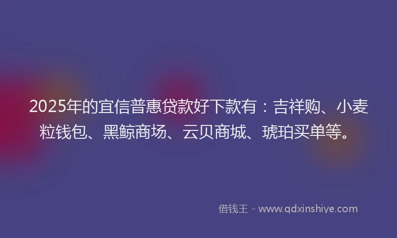 2025年的宜信普惠贷款好下款有：吉祥购、小麦粒钱包、黑鲸商场、云贝商城、琥珀买单等。