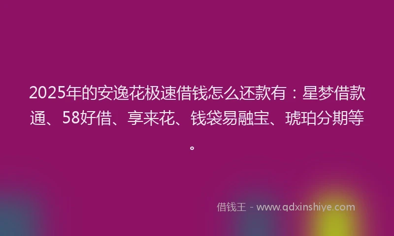 2025年的安逸花极速借钱怎么还款有：星梦借款通、58好借、享来花、钱袋易融宝、琥珀分期等。