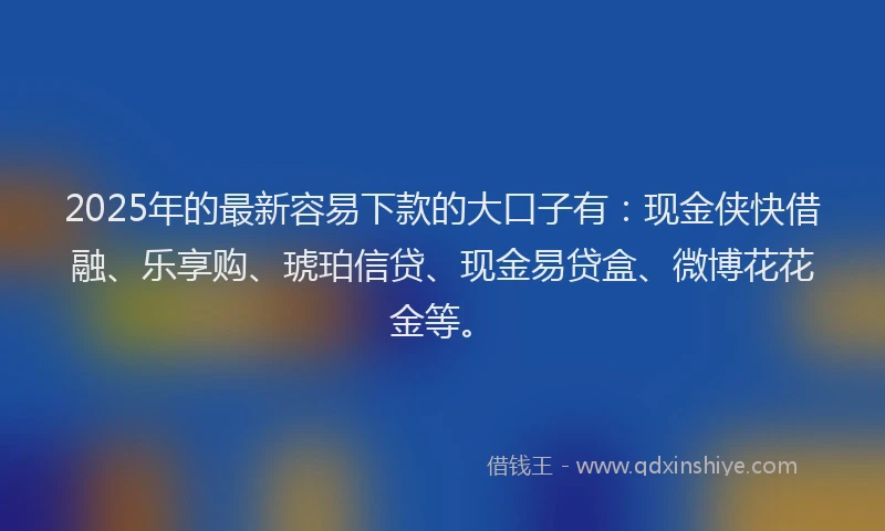 2025年的最新容易下款的大口子有：现金侠快借融、乐享购、琥珀信贷、现金易贷盒、微博花花金等。
