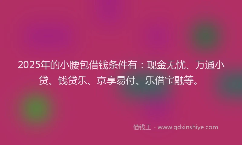 2025年的小腰包借钱条件有：现金无忧、万通小贷、钱贷乐、京享易付、乐借宝融等。