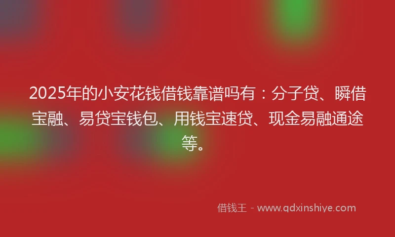 2025年的小安花钱借钱靠谱吗有：分子贷、瞬借宝融、易贷宝钱包、用钱宝速贷、现金易融通途等。