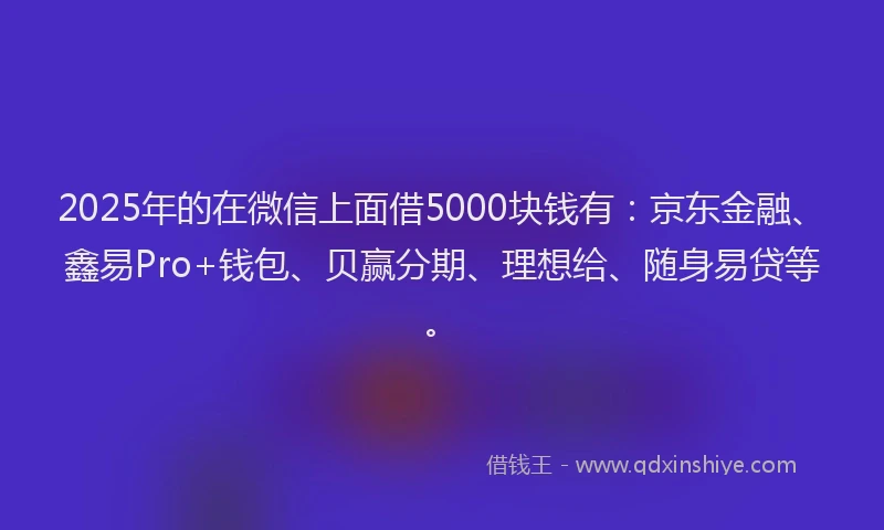 2025年的在微信上面借5000块钱有：京东金融、鑫易Pro+钱包、贝赢分期、理想给、随身易贷等。