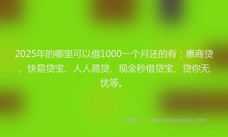 2025年的哪里可以借1000一个月还的有：惠商贷、快易贷宝、人人易贷、现金秒借贷宝、贷你无忧等。
