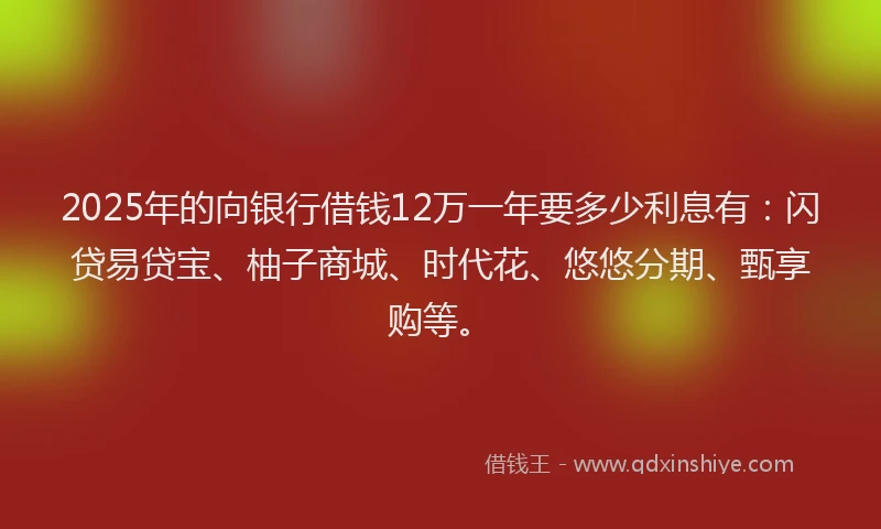 2025年的向银行借钱12万一年要多少利息有：闪贷易贷宝、柚子商城、时代花、悠悠分期、甄享购等。