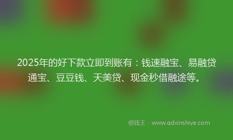2025年的好下款立即到账有：钱速融宝、易融贷通宝、豆豆钱、天美贷、现金秒借融途等。