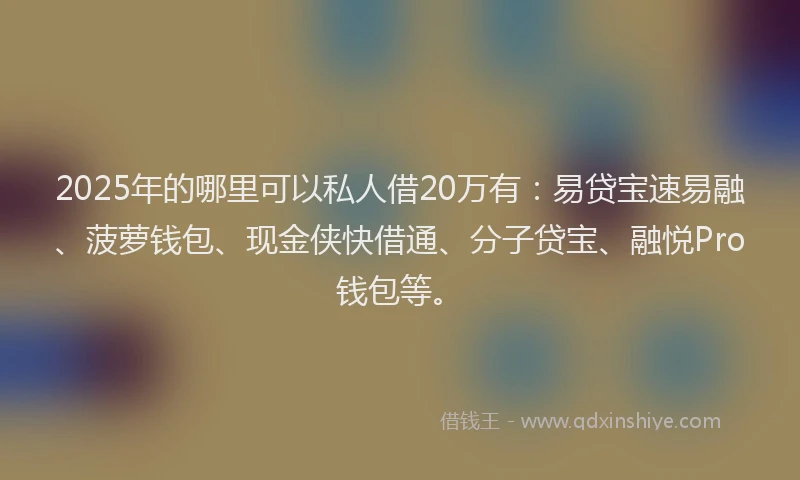 2025年的哪里可以私人借20万有：易贷宝速易融、菠萝钱包、现金侠快借通、分子贷宝、融悦Pro钱包等。