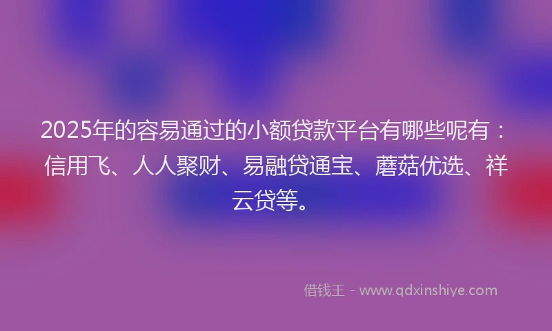 2025年的容易通过的小额贷款平台有哪些呢有：信用飞、人人聚财、易融贷通宝、蘑菇优选、祥云贷等。