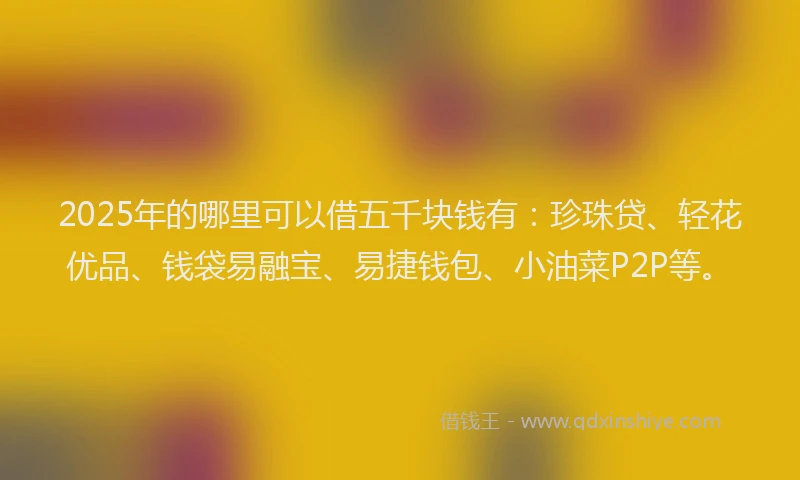 2025年的哪里可以借五千块钱有：珍珠贷、轻花优品、钱袋易融宝、易捷钱包、小油菜P2P等。