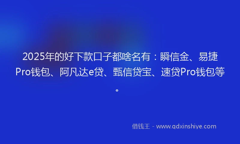2025年的好下款口子都啥名有：瞬信金、易捷Pro钱包、阿凡达e贷、甄信贷宝、速贷Pro钱包等。