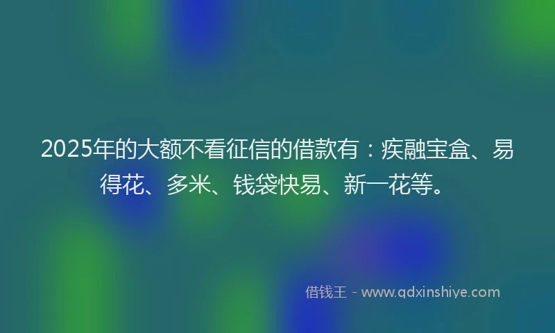2025年的大额不看征信的借款有：疾融宝盒、易得花、多米、钱袋快易、新一花等。