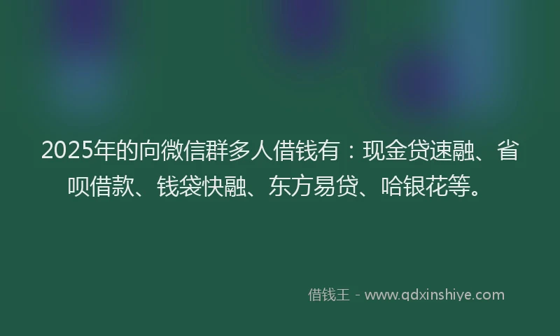 2025年的向微信群多人借钱有：现金贷速融、省呗借款、钱袋快融、东方易贷、哈银花等。
