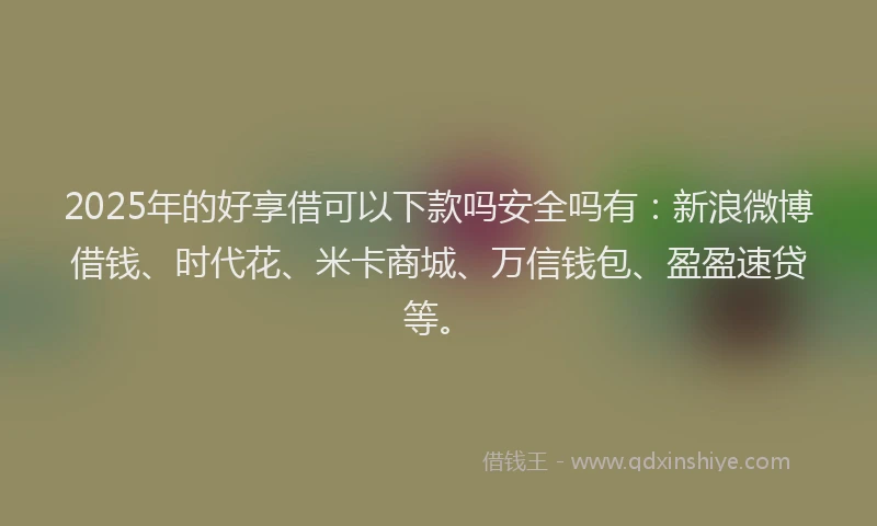 2025年的好享借可以下款吗安全吗有：新浪微博借钱、时代花、米卡商城、万信钱包、盈盈速贷等。