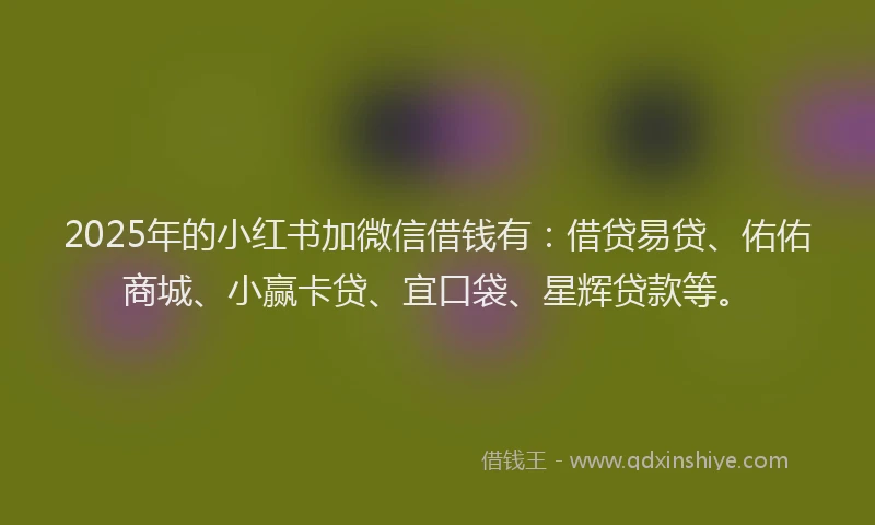 2025年的小红书加微信借钱有：借贷易贷、佑佑商城、小赢卡贷、宜口袋、星辉贷款等。