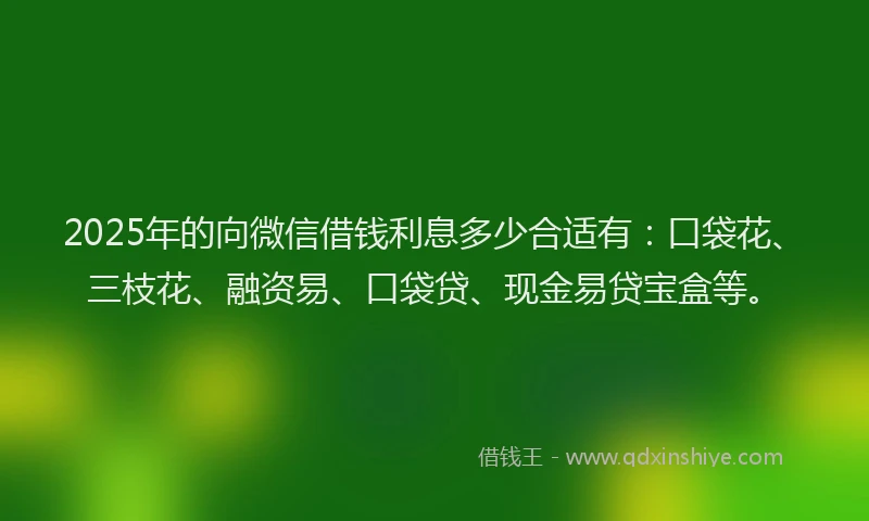2025年的向微信借钱利息多少合适有：口袋花、三枝花、融资易、口袋贷、现金易贷宝盒等。