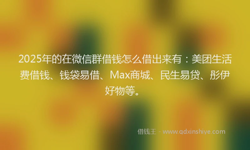 2025年的在微信群借钱怎么借出来有：美团生活费借钱、钱袋易借、Max商城、民生易贷、彤伊好物等。