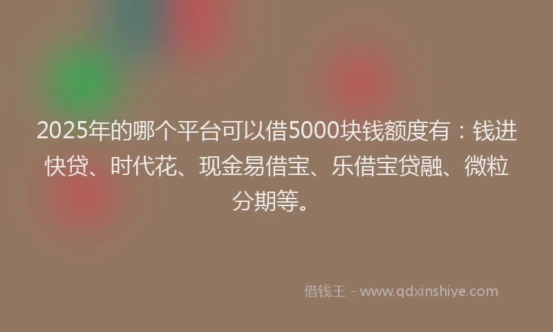 2025年的哪个平台可以借5000块钱额度有：钱进快贷、时代花、现金易借宝、乐借宝贷融、微粒分期等。