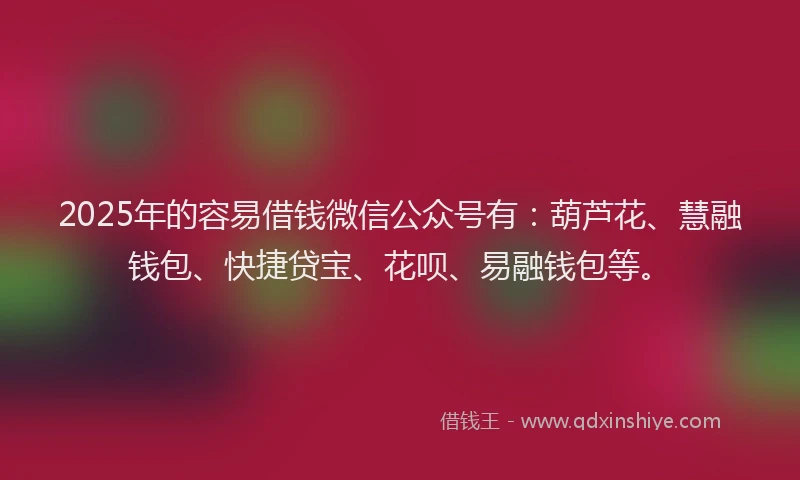 2025年的容易借钱微信公众号有：葫芦花、慧融钱包、快捷贷宝、花呗、易融钱包等。