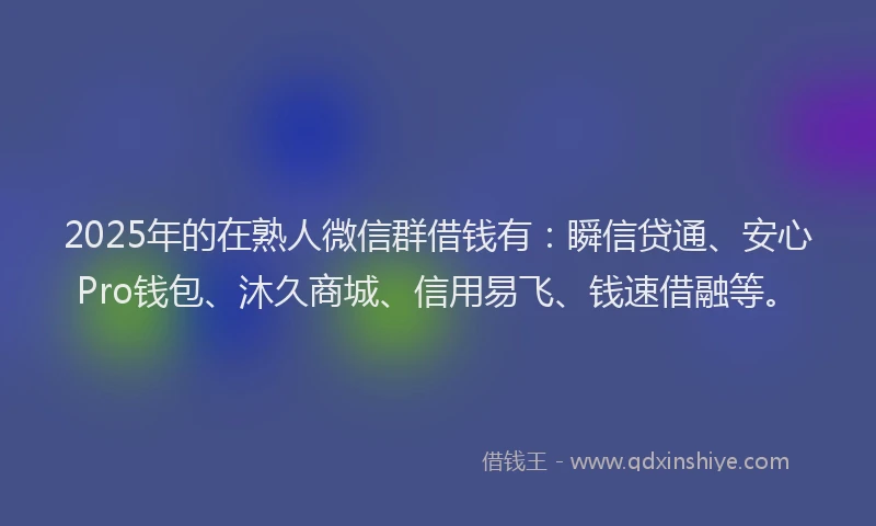 2025年的在熟人微信群借钱有：瞬信贷通、安心Pro钱包、沐久商城、信用易飞、钱速借融等。