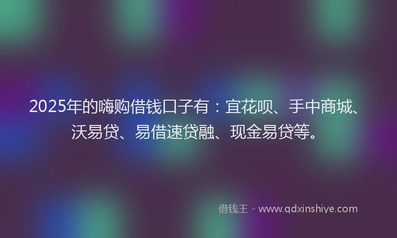 2025年的嗨购借钱口子有：宜花呗、手中商城、沃易贷、易借速贷融、现金易贷等。