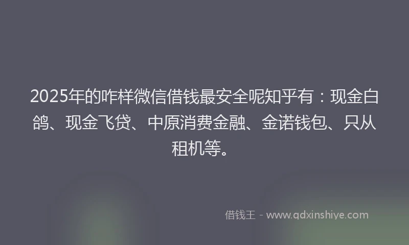 2025年的咋样微信借钱最安全呢知乎有：现金白鸽、现金飞贷、中原消费金融、金诺钱包、只从租机等。