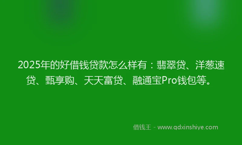 2025年的好借钱贷款怎么样有：翡翠贷、洋葱速贷、甄享购、天天富贷、融通宝Pro钱包等。