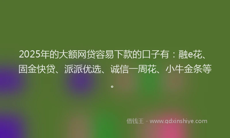 2025年的大额网贷容易下款的口子有：融e花、固金快贷、派派优选、诚信一周花、小牛金条等。