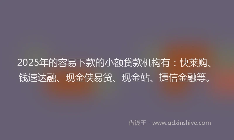 2025年的容易下款的小额贷款机构有：快莱购、钱速达融、现金侠易贷、现金站、捷信金融等。